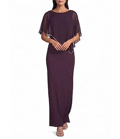Crew Neck Short Sleeve Poncho Metallic Trim Overlay Popover Gown by R&M Richards