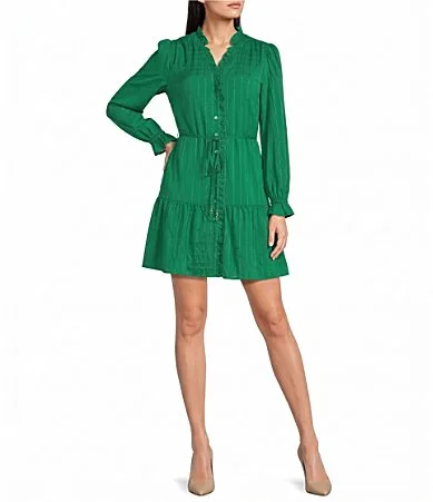 Leslie Fay Long Sleeve V Neck Ruffle Dress by Fay