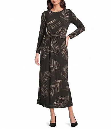 Leslie Fay Long Sleeve Round Neck Gold Foil Leaf Print Dress by Fay