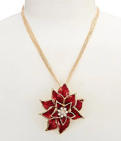 Glitter Poinsettia Pendant Short Multi Strand Necklace by Merry & Bright