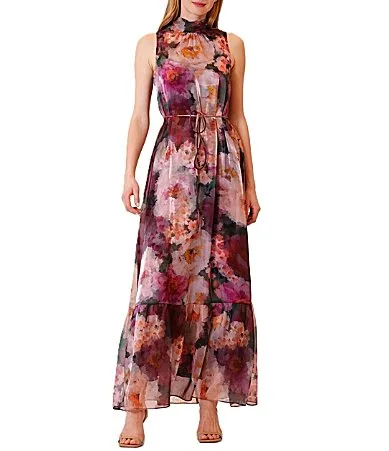 Julia Jordan Floral Organza Overlay Tie Neck Sleeveless A-Line Dress by Jordan