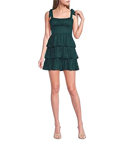 Sleeveless Tie-Strap Tiered Lace Dress by City Vibe