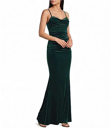 Sleeveless Drape-Front Inset-Applique Long Dress