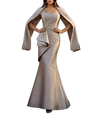 Strapless Beaded Mikado Gown with Shawl by Terani Couture
