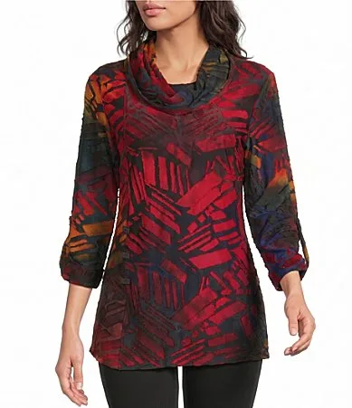 Knit Multi Color Cowl Neck Elbow Length Roll-Tab Tunic by Calessa