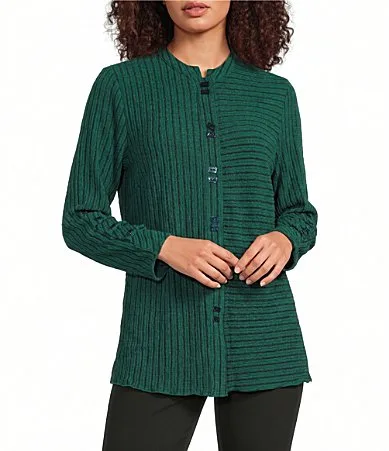 Knit Stripe Band Collar 34 Sleeve Button Detail Pullover Tunic by Calessa