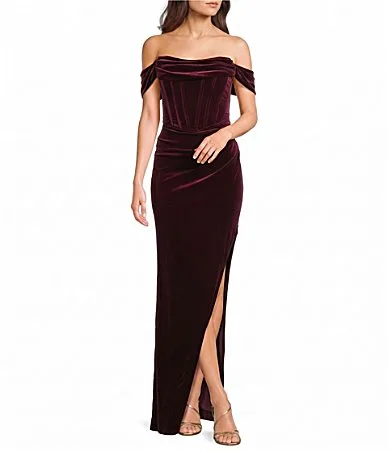 Off-The-Shoulder Corseted Velvet Long Dress