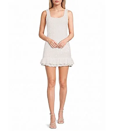 Velvet Sequin Square Neck Sleeveless Ruffle Hem Dress by Dear Moon