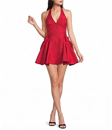 Bow-Accented Brocade Halter V-Neck Dress by Dear Moon
