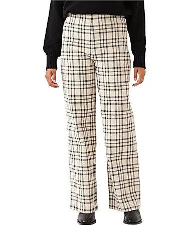 Corduroy Plaid Print High Rise Straight Leg Flat Front Pull-On Pants by Karen Kane