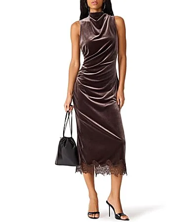 Mo Velvet Mock Neck Sleeveless Lace Hem Ruched Midi Dress by Steve Madden
