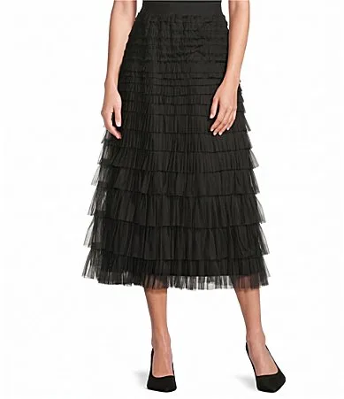 Ruffled Tulle Tiered Pull-On A-Line Midi Skirt by John Mark