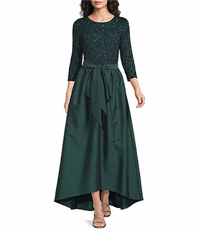 Boat Neck 34 Sleeve Beaded Bodice Taffeta Ballgown by Pisarro Nights