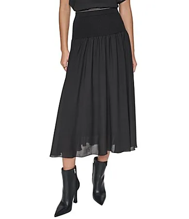 DKNY by Donna Karan Woven Pinstripe Mixed Media Drop Waist Midi Length Skirt by Donna Karan