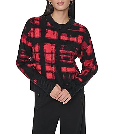 DKNY by Donna Karan Woven Brushed Plaid Crew Neck Long Sleeve Sweater Top by Donna Karan