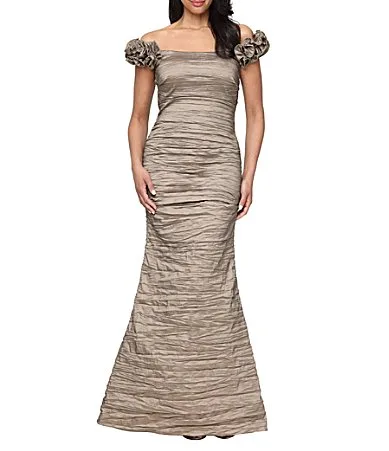 Off the Shoulder Ruffle Strap Crinkle Stretch Taffeta Long Dress by Alex Evenings