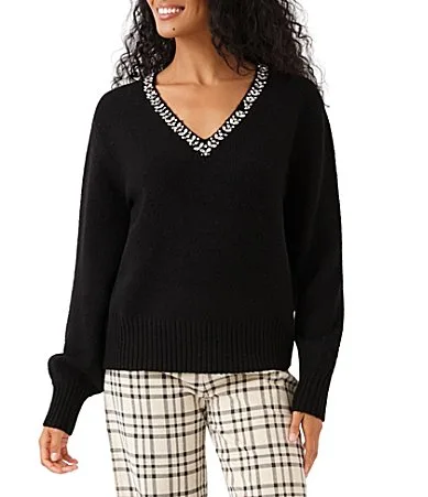 Wool Blend Shimmering Embellished V-Neck Long Sleeve Sweater by Karen Kane