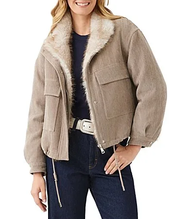 Herringbone Chenille Faux Fur Trim Shawl Collar Zip Front Bomber Jacket