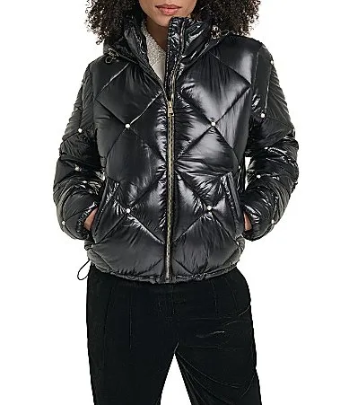 Quilted Pattern Pearl Embellish Stand Collar Hooded Zip Front Jacket by Karl Lagerfeld