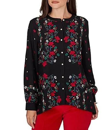 Woven Matte Floral Band Collar Long Sleeve Button Front Shirt by Ruby Rd