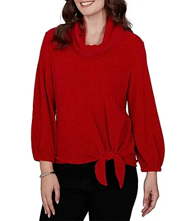 Knit Chenille Honeycomb Cowl Neck 34 Sleeve Side Tie Top