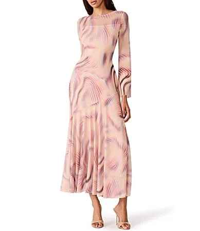 Lyla Rave Wave Printed Crew Neck Long Sleeve Mesh Midi Dress by Steve Madden