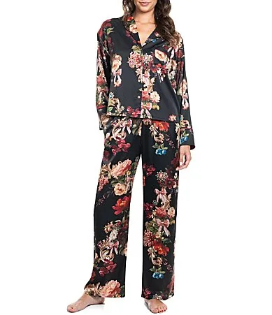 Bouquet Print Notch Collar Long Sleeve Satin Pant Pajama Set by Midnight Bakery