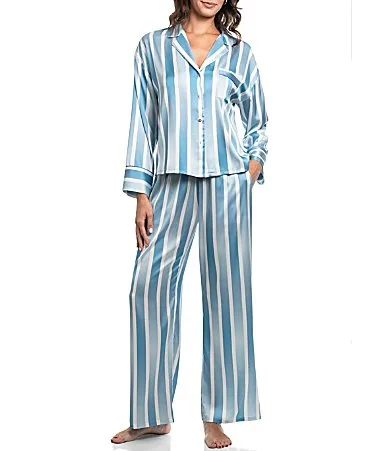Blue Stripe Print Long Sleeve Notch Collar Satin Pant Pajama Set