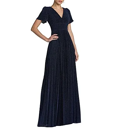 Mac Duggal Pleated Metallic Flutter Sleeve a Line Gown by M.A.C.
