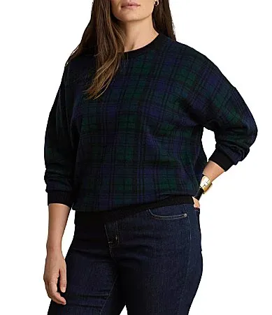Lauren Ralph Lauren Ribbed Knit Plaid Crew Neck Long Sleeve Sweater Top by Ralph Lauren