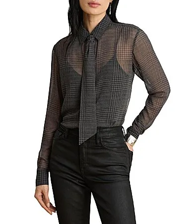 Lauren Ralph Lauren Woven Semi Sheer Chiffon Glen Plaid Point Collar Long Sleeve Shirt by Ralph Lauren