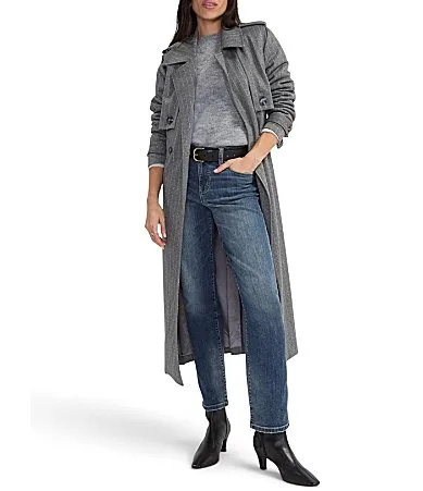 Ticking Stripe Notch Lapel Long Sleeve Maxi Length Belted Trench Coat by Liverpool Los Angeles