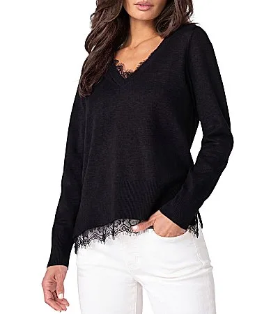Jersey Knit Lace V-Neck Long Sleeve Sweater Top
