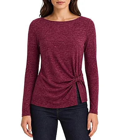 Brushed Hacci Knit Boat Neck Long Sleeve Twist Tie Front Top by Liverpool Los Angeles