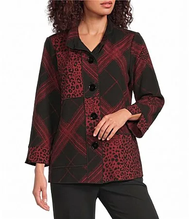 Knit Jacquard Mixed Abstract Print Wire Collar 34 Sleeve Button-Front Jacket by Ali Miles