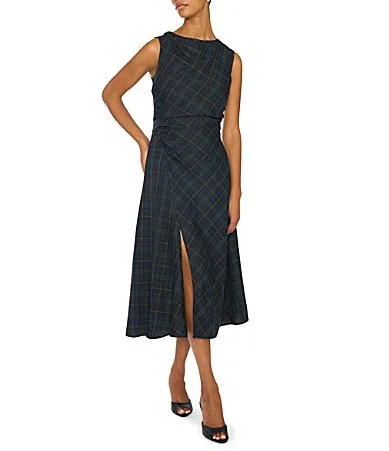 Tartan Plaid Cowl Neck Side Ruching Midi Dress