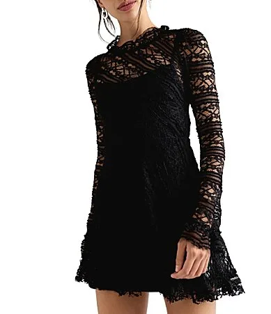 Woodland Whispers Mock Neck Long Sleeve A-Line Lace Mini Dress