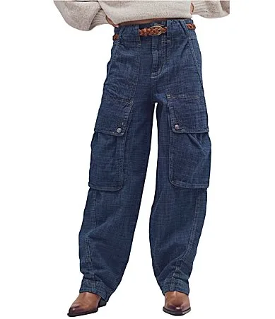 We the Free Brentwood Textured Crosshatch Denim High Rise Curved Leg Cargo Jeans by Free People