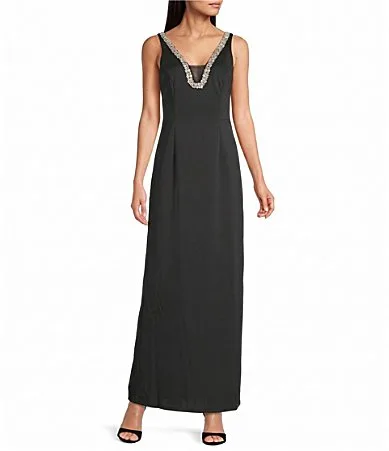 Sleeveless Jeweled V Neck Tailored Waistline Long Dress