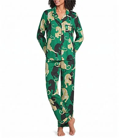 Panthera Glam Green Print Long Sleeve Notch Collar Jersey Knit Long Pajama Set by Room Service