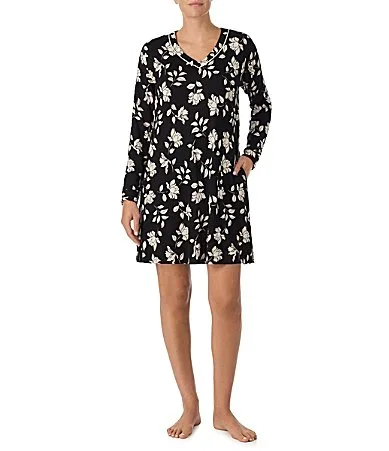 Floral Print V-Neck Long Sleeve Sweater Knit Nightgown by Tommy Bahama