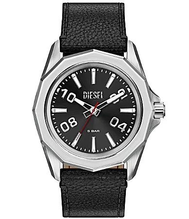 Stinger Three-Hand Black Leather Strap Watch by Diesel