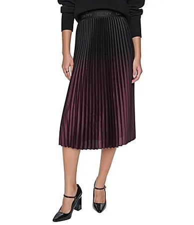 DKNY by Donna Karan Satin Pleated Foiled Ombre Midi Length A-Line Skirt by Donna Karan