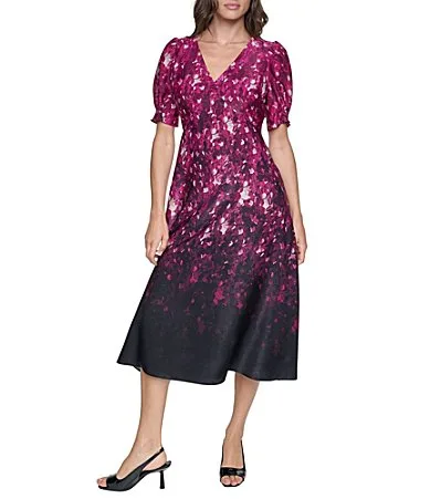 DKNY by Donna Karan Woven Floral Print V-Neck Short Sleeve Midi Length A-Line Dress by Donna Karan