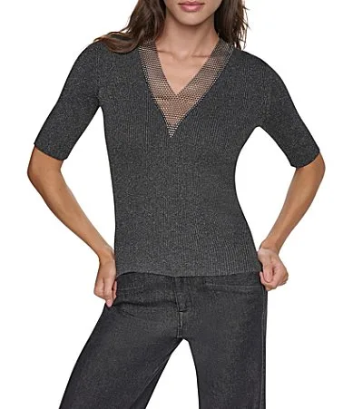 DKNY by Donna Karan Knit Lurex Embellished V-Neck 34 Sleeve Sweater Top by Donna Karan
