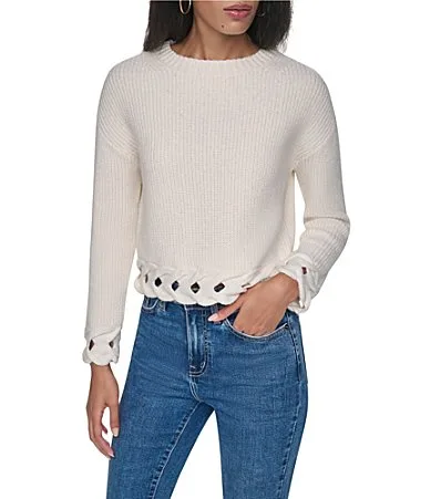DKNY by Donna Karan Cable Knit-Weave Crew Neck Long Sleeve Sweater Top by Donna Karan