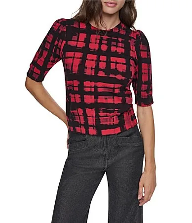 DKNY by Donna Karan Knit Plaid Print Crew Neck Short Sleeve Sweater Top by Donna Karan