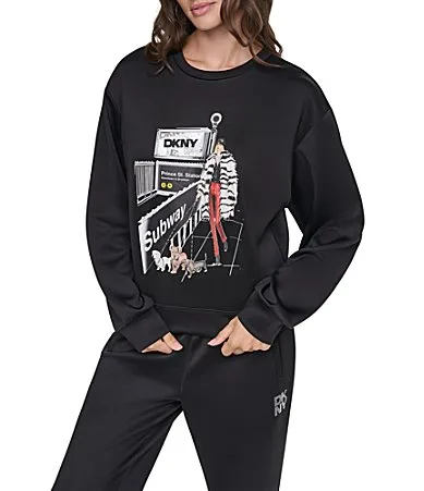 DKNY by Donna Karan Knit Prince St. Station Graphic Crew Neck Long Sleeve Top by Donna Karan