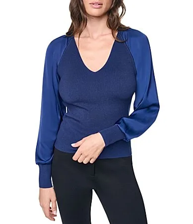 DKNY by Donna Karan Knit Mix Media V-Neck Long Sleeve Sweater Top by Donna Karan