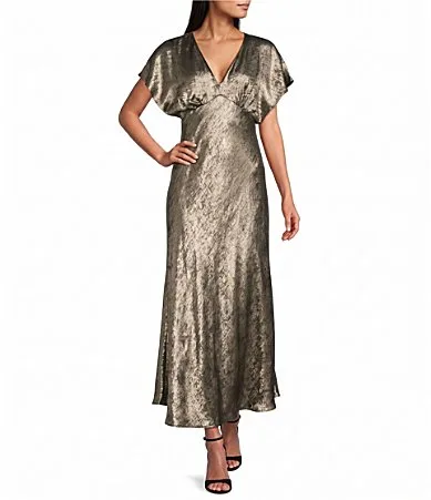 Leslie Fay Serafina Foil Short Sleeve Deep V Neck Slip Dress